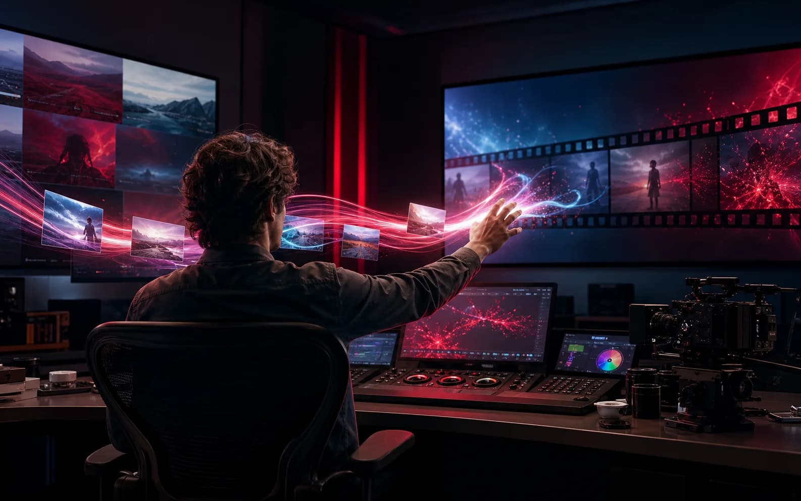 Studio creativo digitale con flussi visivi e video coordinati da un agente AI
