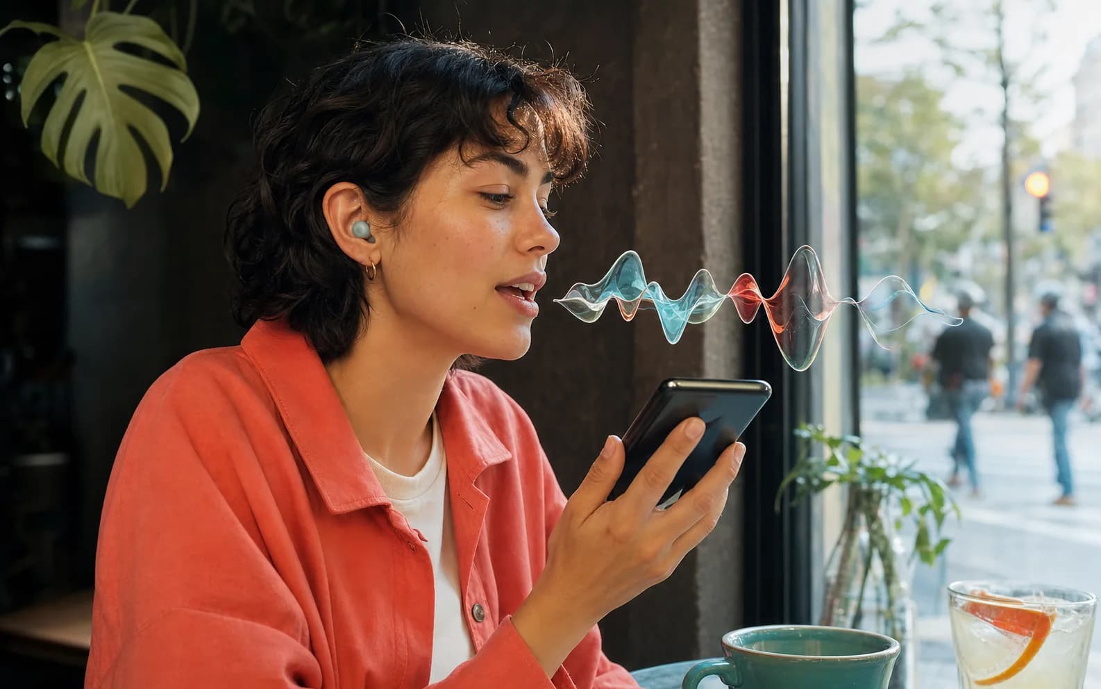 Onde sonore sovrapposte illustrano una conversazione continua tra persona e intelligenza artificiale