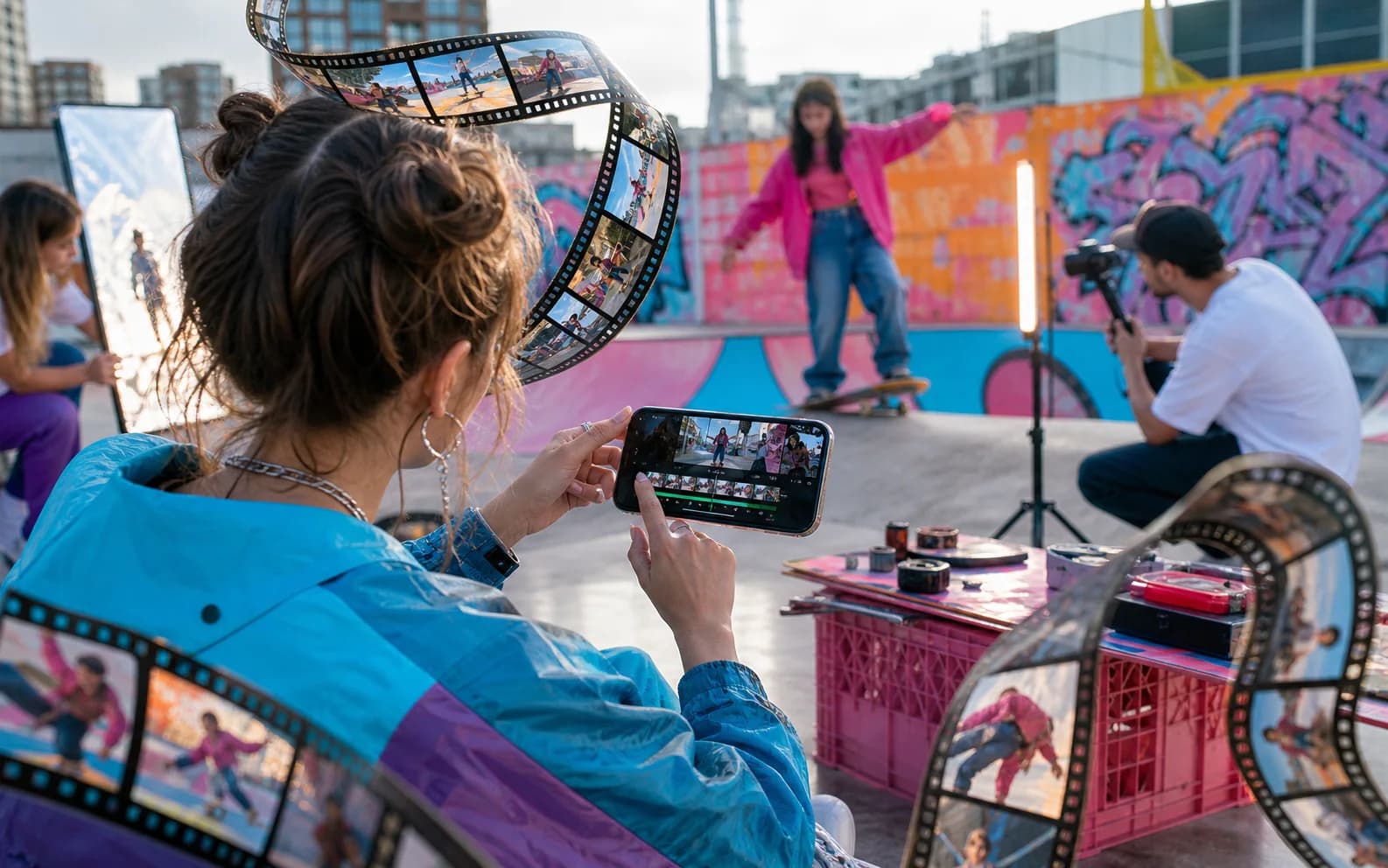Smartphone con timeline di montaggio video verticale e strumenti creativi