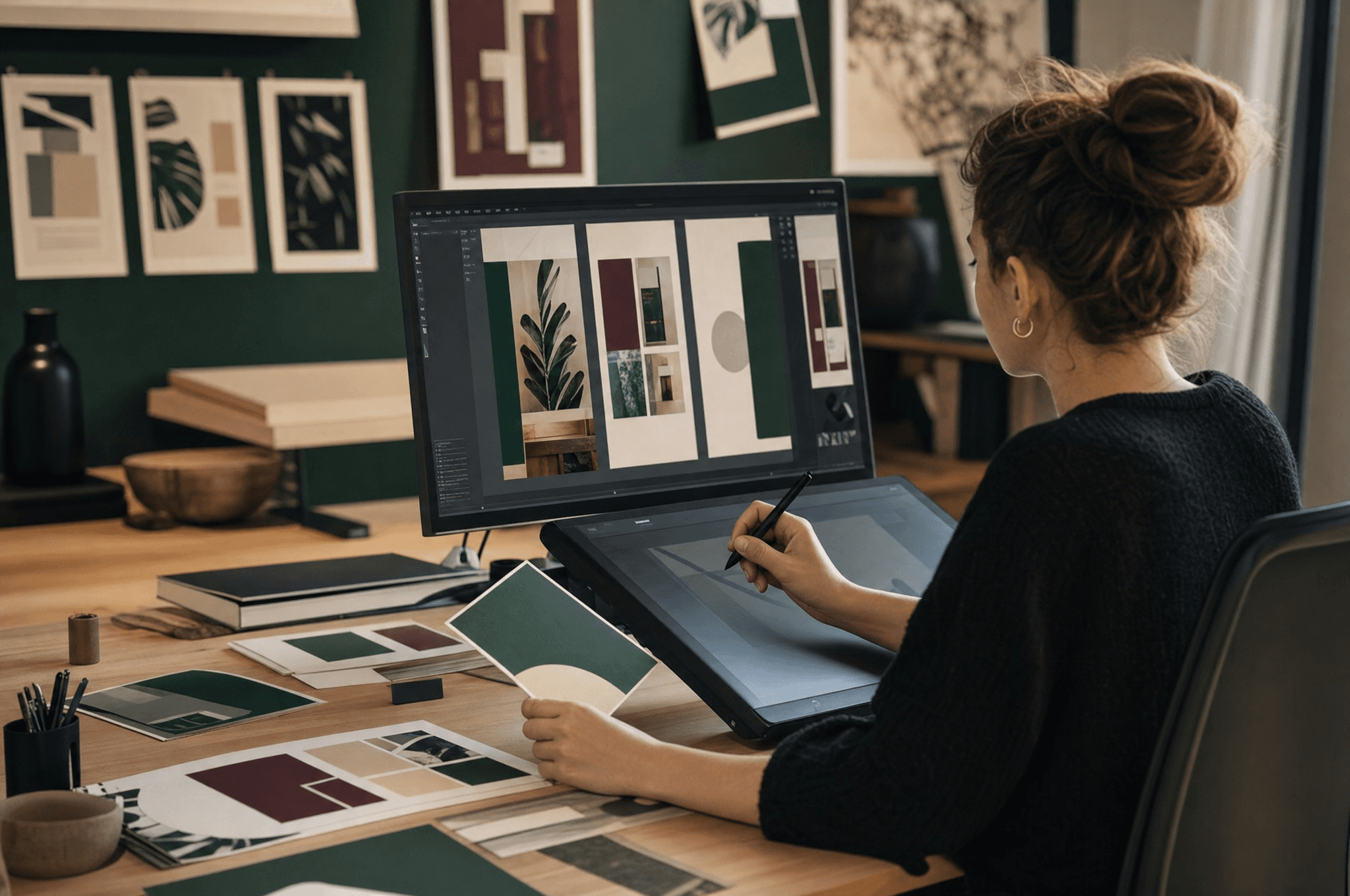 Graphic designer al lavoro su contenuti social