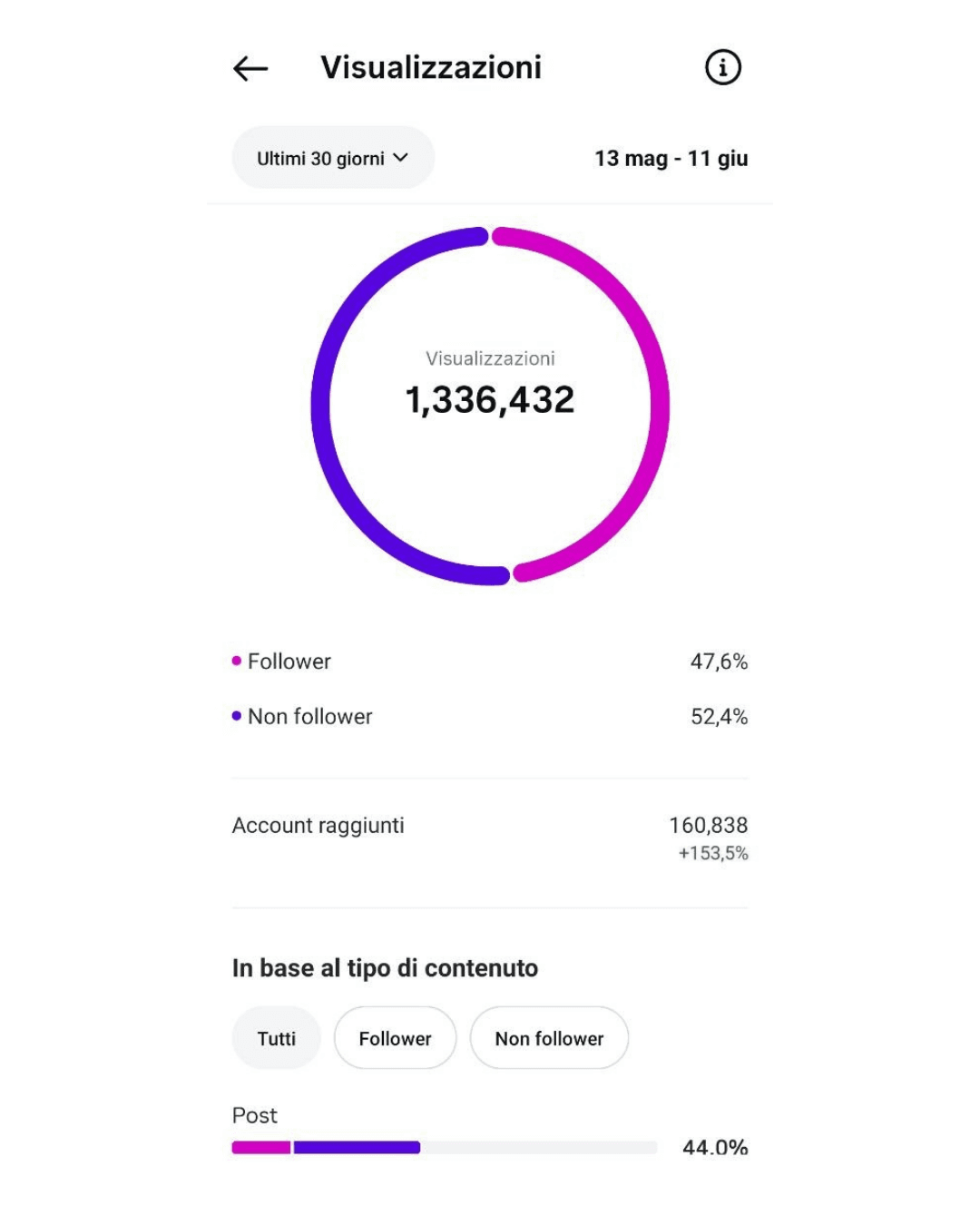 Insight social anonimo: 1.336.432 visualizzazioni negli ultimi 30 giorni.