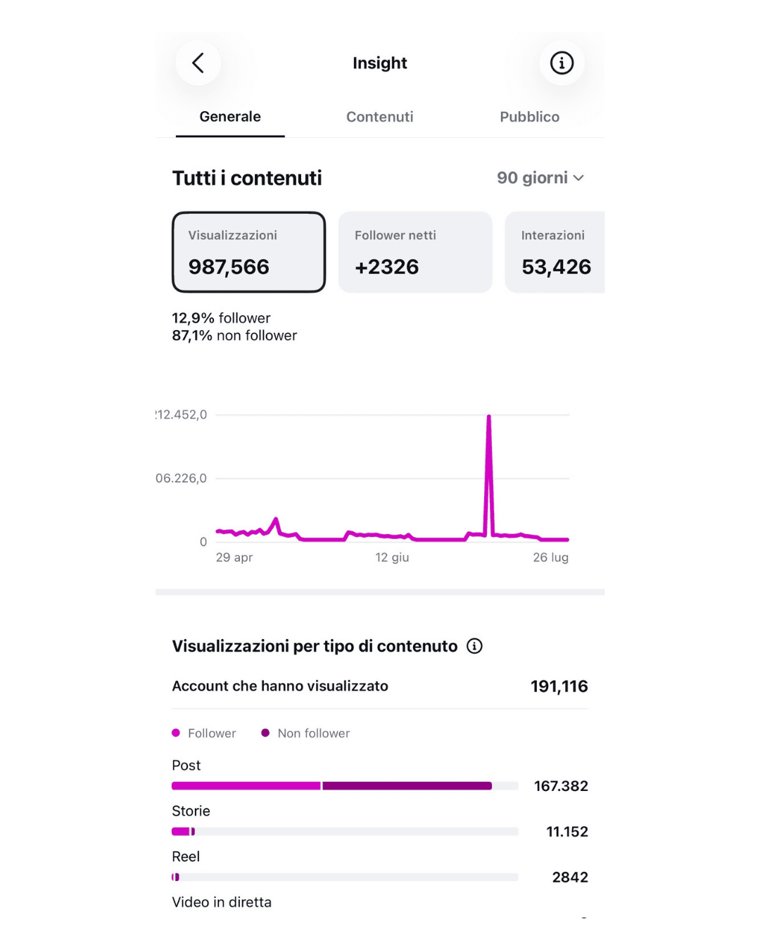 Insight social anonimo: 987.566 visualizzazioni e 2.326 follower netti in 90 giorni.