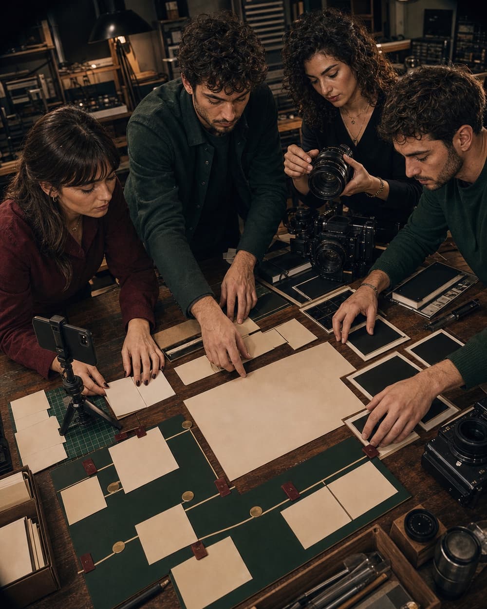 Un giovane team coordina social, CRM, video e progetto sullo stesso tavolo.