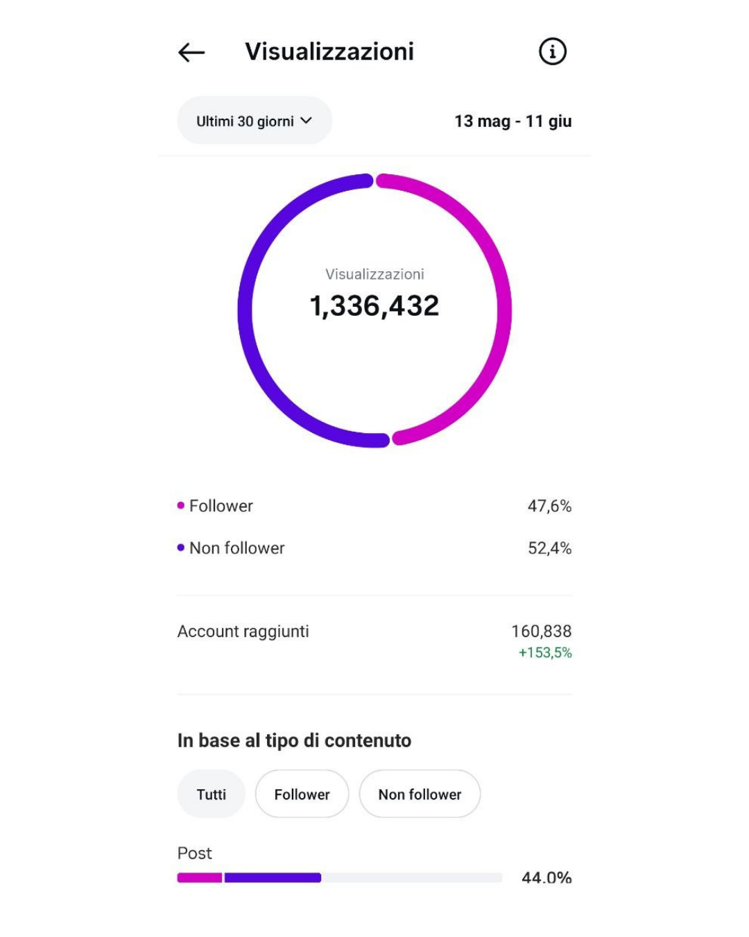 Insight social anonimo: 1.336.432 visualizzazioni negli ultimi 30 giorni.